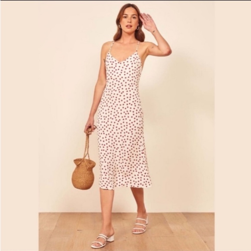 🍄 Reformation kat dress midi red white polka dot low v cut open back